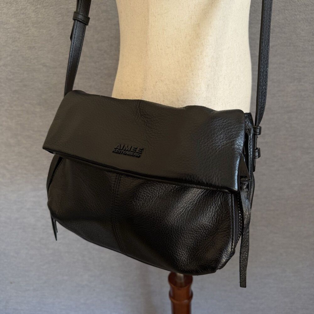 Aimee Kestenberg Black Supple Slouchy Leather Crossbody Double Entry Travel Bag - Picture 3 of 12